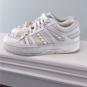 Jimmy Choo Hawaii White Pearl-Studded Low top Sneakers